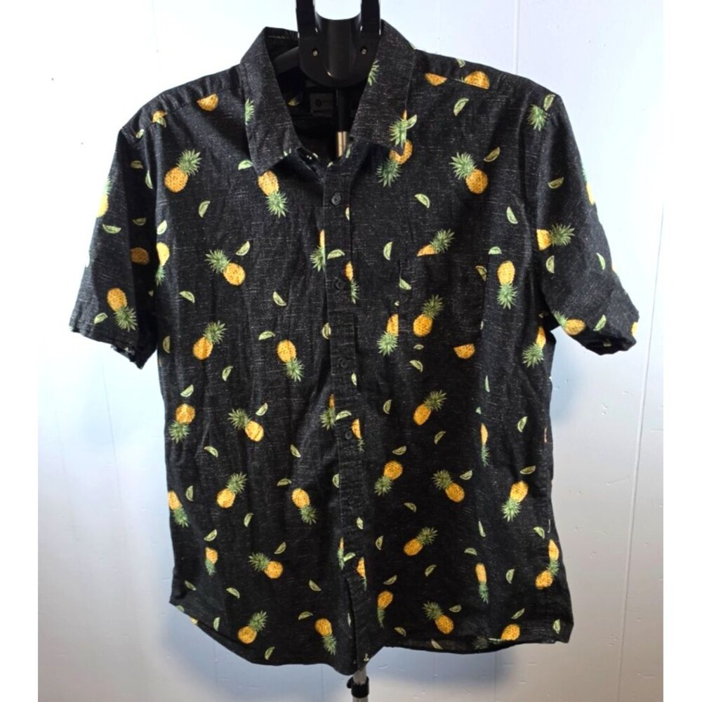 Haggar Clothing Black Button Front Shirt Size XXL 2XL Pineapple Design Stretch